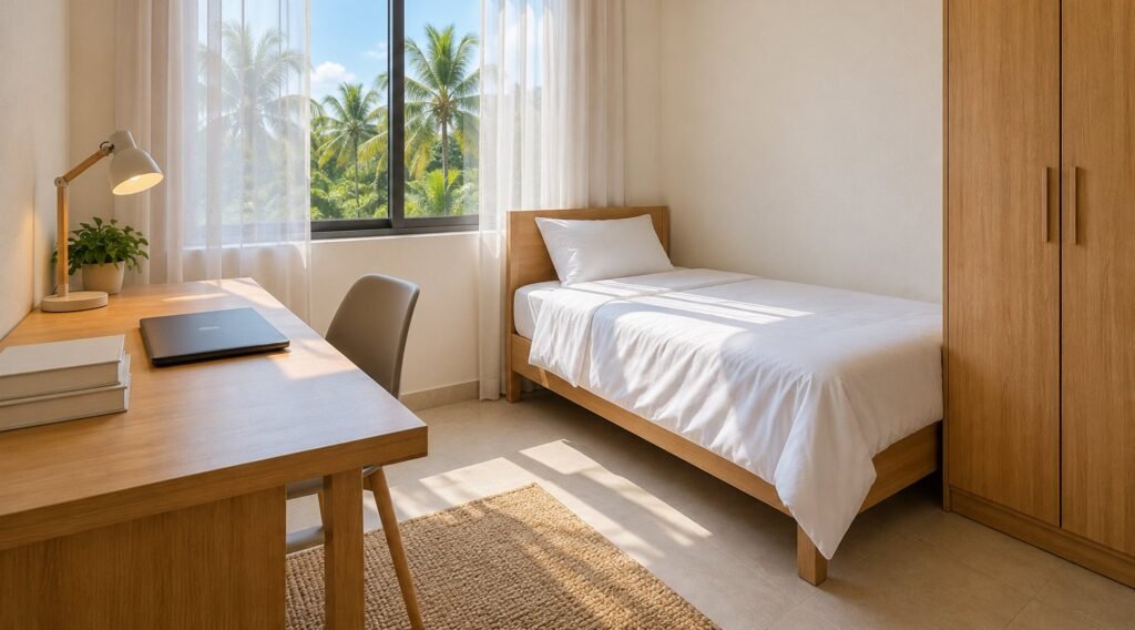 A tidy single student room with a view of palm trees