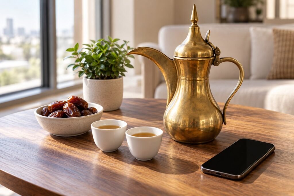 دلة قهوة عربية وفناجين وتمر على طاولة