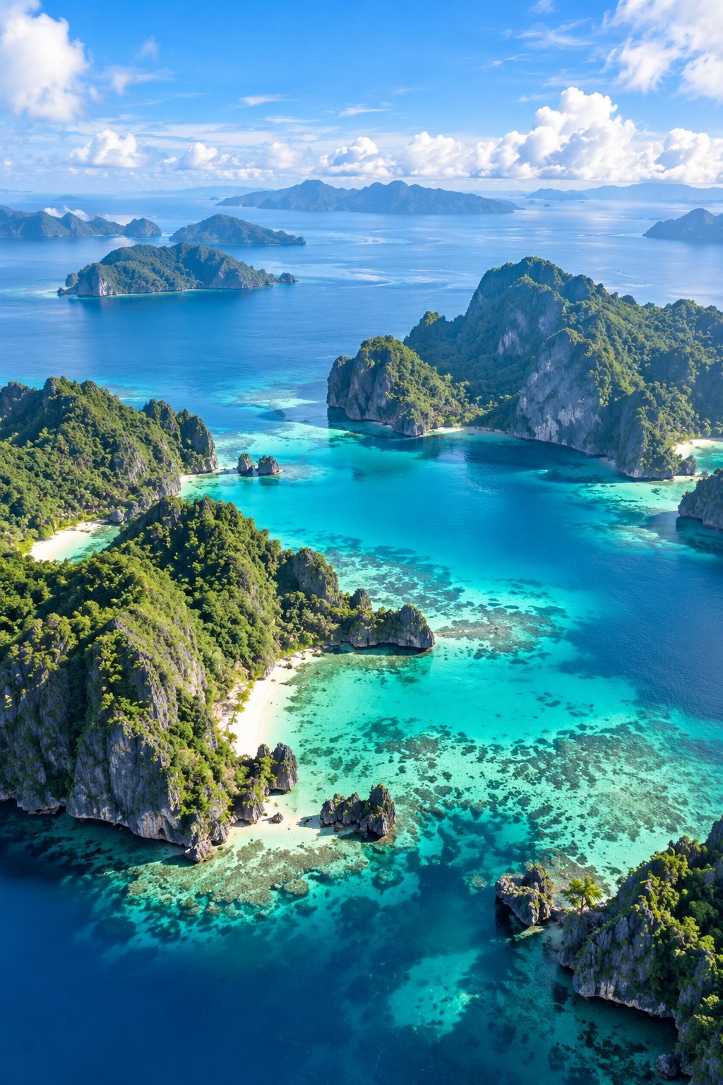 A turquoise lagoon among green limestone islands with white-sand beaches